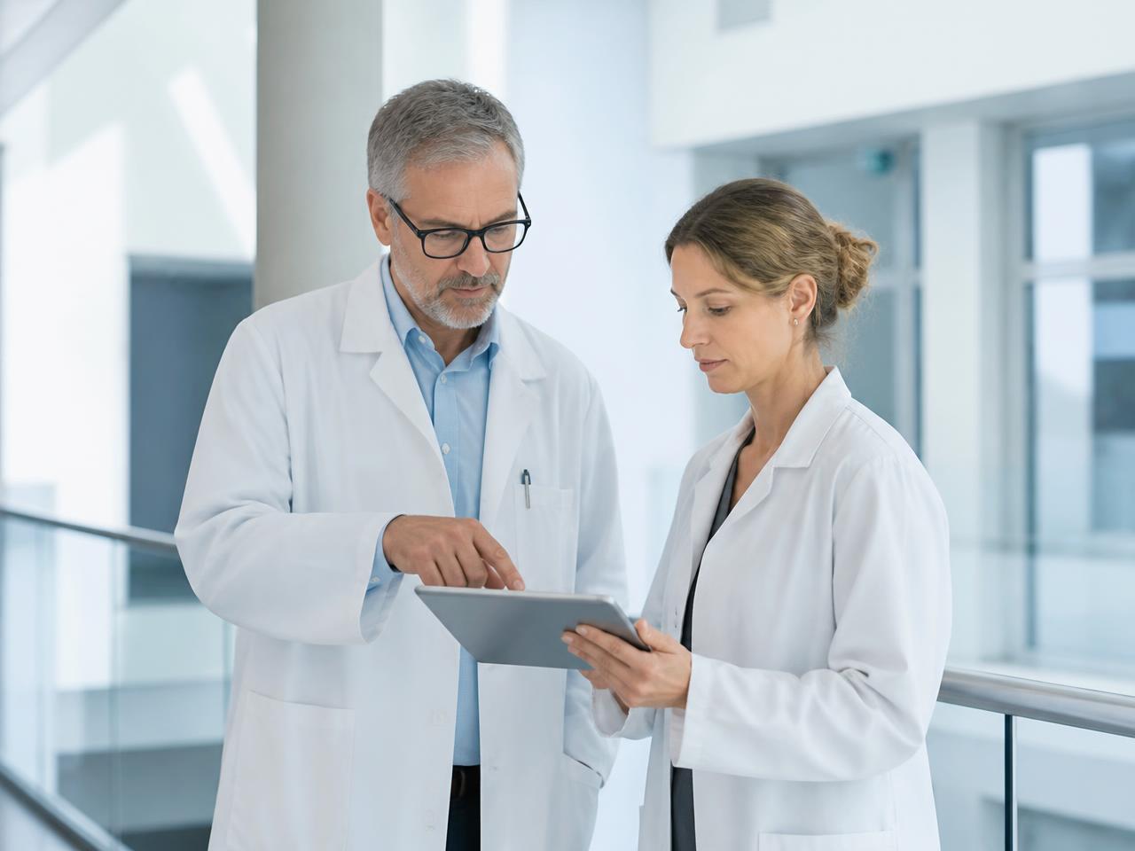 Dos médicos revisando un caso clínico en un hospital europeo moderno