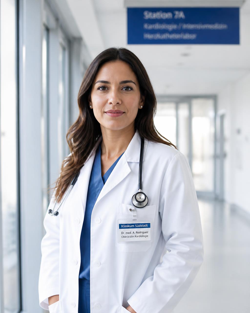 Médica hispanohablante en el pasillo de un hospital moderno en Alemania